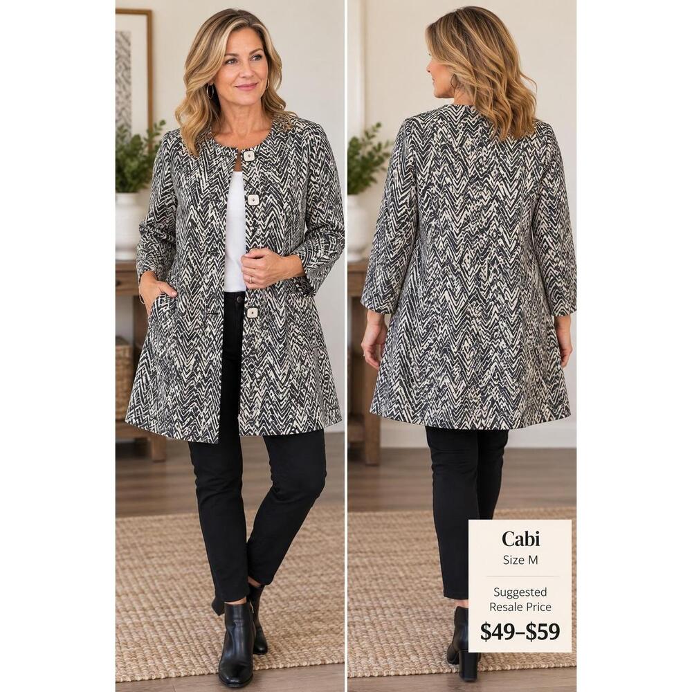 CABI Women's PONTE BLAZER JACKET Charcoal Gray & White ZIG ZAG Size MEDIUM